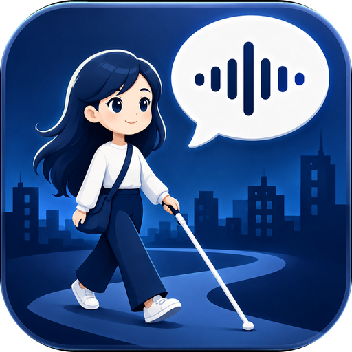 SoraEyeAI のアイコン。白杖を持って歩く女の子と、声を表す吹き出し